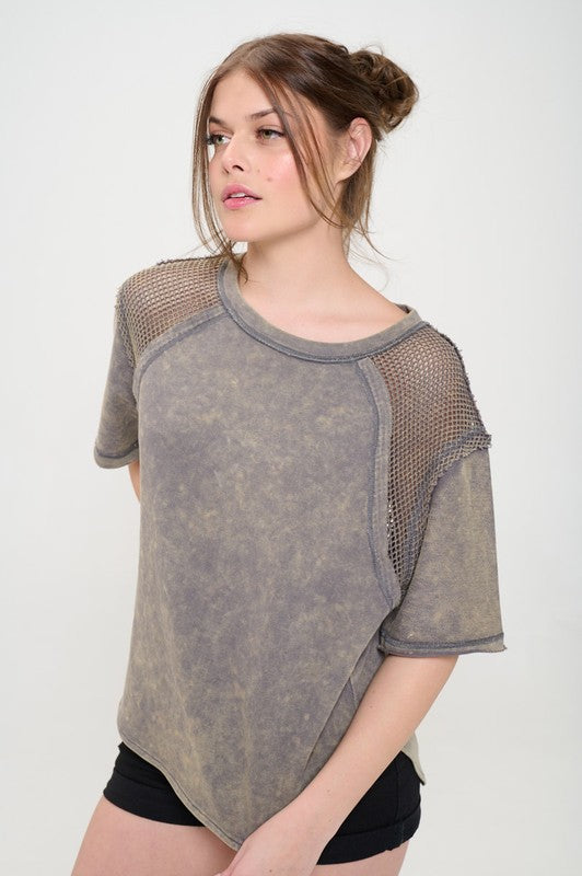 Jade By Jane Mineral Washed Short Sleeve Fishnet Shoulder Top