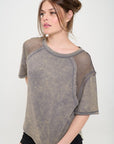 Jade By Jane Mineral Washed Short Sleeve Fishnet Shoulder Top