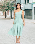 One Shoulder Ruffle Midi Dress