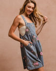 BiBi Flower Printed Wide Strap Denim Overalls