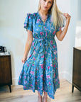 Floral Flutter Sleeve Tie Neck Belted Midi Dress