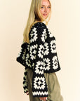 Davi & Dani Full Size Two Tone Flower Square Crochet Open Front Cardigan