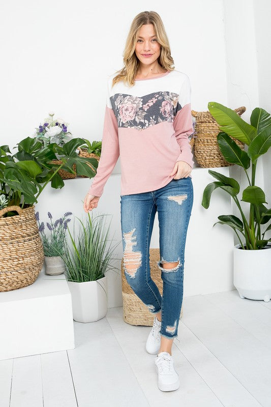 e Luna Floral Mixed Colorblock Top