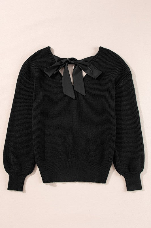 Bow Back Lantern Sleeve V-Neck Sweater
