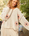 POL V-Neck Floral Pattern Chenille Sweater