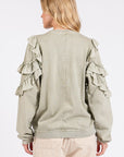 Mittoshop Ruffled Mineral Washed Round Neck Long Sleeve Sweatshirt