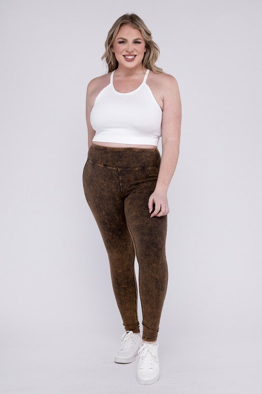 ZENANA Plus Mineral Washed Wide Waistband Yoga Leggings