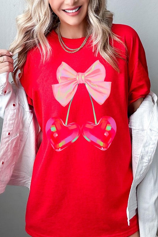 PLUS Cherry Pink Bow Graphic Heavyweight T Shirts