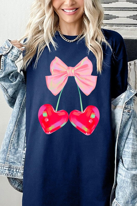 PLUS Cherry Pink Bow Graphic Heavyweight T Shirts