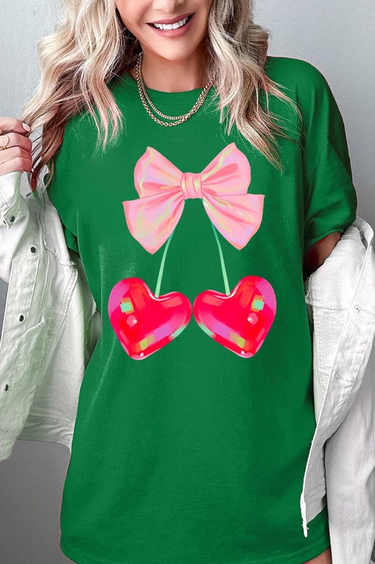 PLUS Cherry Pink Bow Graphic Heavyweight T Shirts