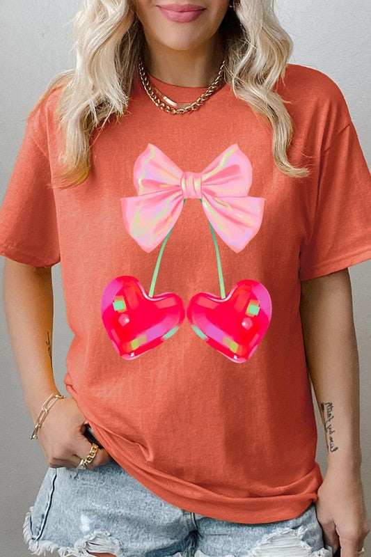 PLUS Cherry Pink Bow Graphic Heavyweight T Shirts