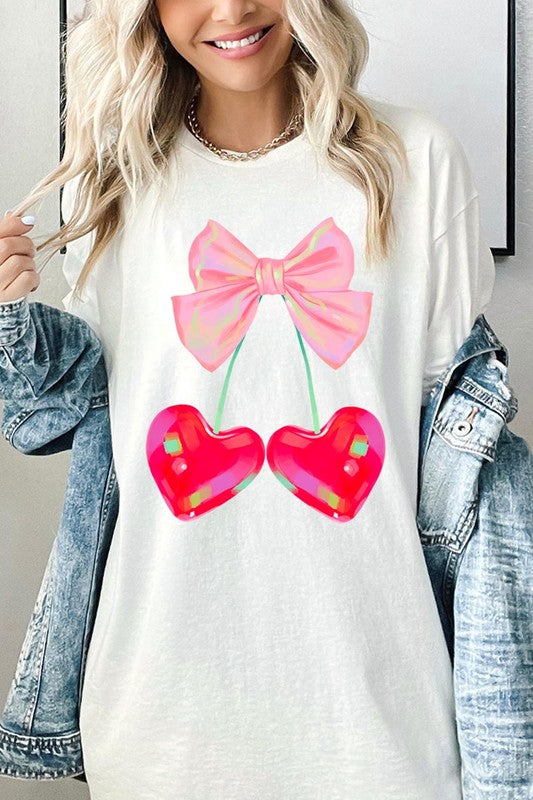 PLUS Cherry Pink Bow Graphic Heavyweight T Shirts