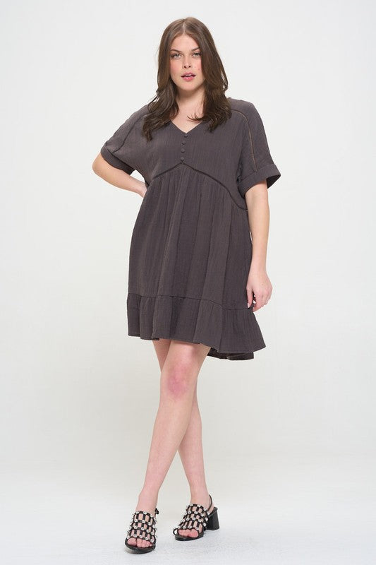 Jade By Jane PLUS Short Sleeve Button Down V-Neck Dress