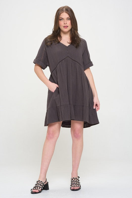 Jade By Jane PLUS Short Sleeve Button Down V-Neck Dress