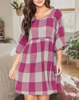 Checker Balloon Sleeve Midi Dress