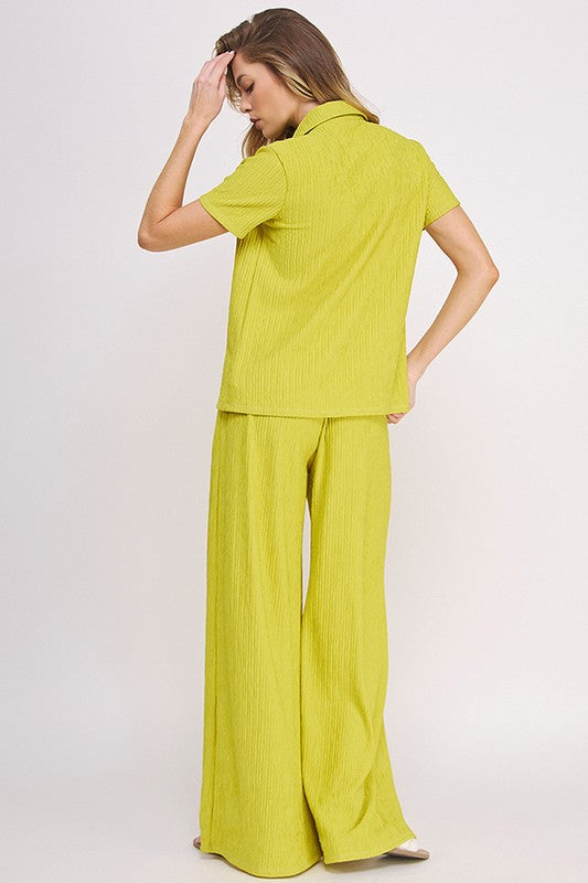 Jade By Jane Textured Short Sleeve Top  &amp; Wide Leg Pant Set