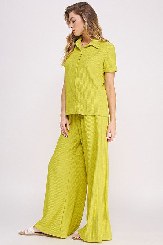 Jade By Jane Textured Short Sleeve Button Down Wide Pant Set