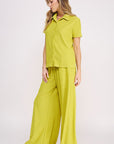 Jade By Jane Textured Short Sleeve Button Down Wide Pant Set