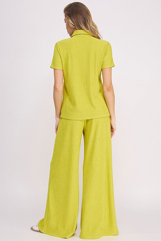 Jade By Jane Textured Short Sleeve Top  &amp; Wide Leg Pant Set