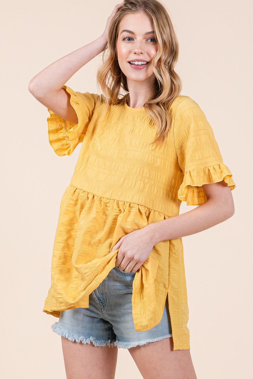 Marigold Textured Ruffle Sleeve Tunic Top