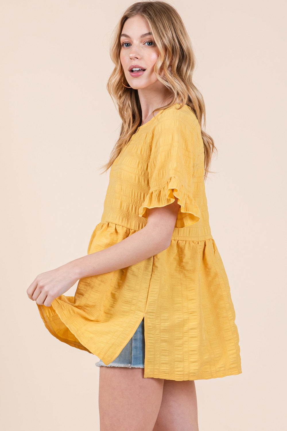 Marigold Textured Ruffle Sleeve Tunic Top