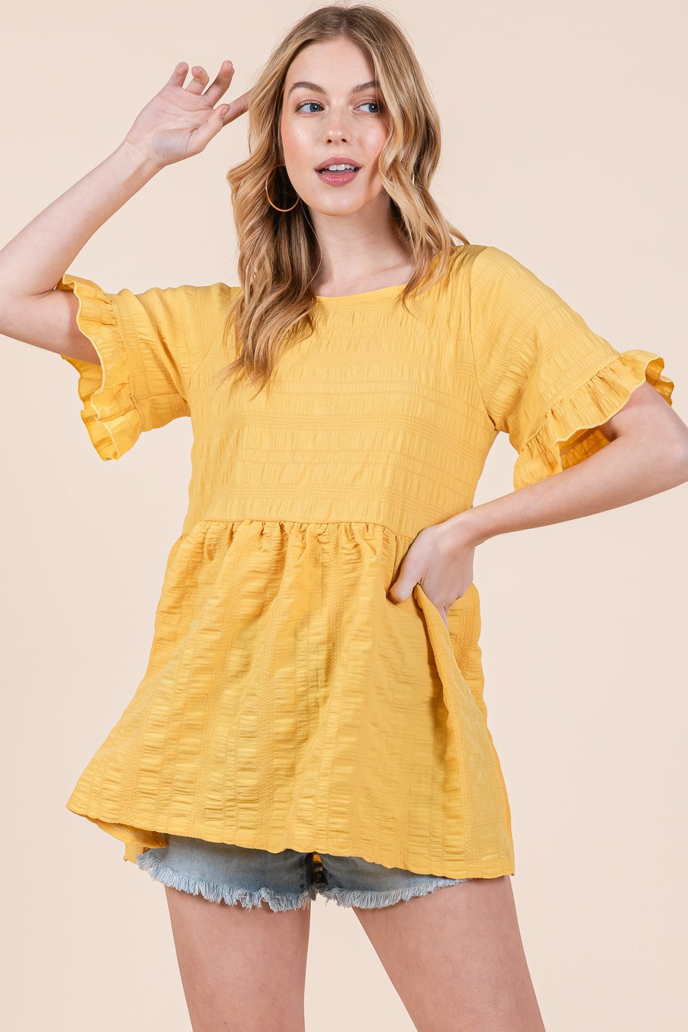 Marigold Textured Ruffle Sleeve Tunic Top
