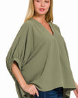 Zenana Woven Airflow V-Neck Puff Half Sleeve Top