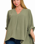 Zenana Woven Airflow V-Neck Puff Half Sleeve Top