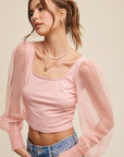 Listicle Square Neck Mesh Puff Sleeve Knit Top