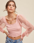 Listicle Square Neck Mesh Puff Sleeve Knit Top