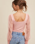 Listicle Square Neck Mesh Puff Sleeve Knit Top