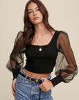 Listicle Square Neck Mesh Puff Sleeve Knit Top