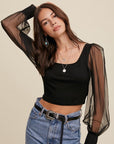 Listicle Square Neck Mesh Puff Sleeve Knit Top