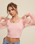 Listicle Square Neck Mesh Puff Sleeve Knit Top