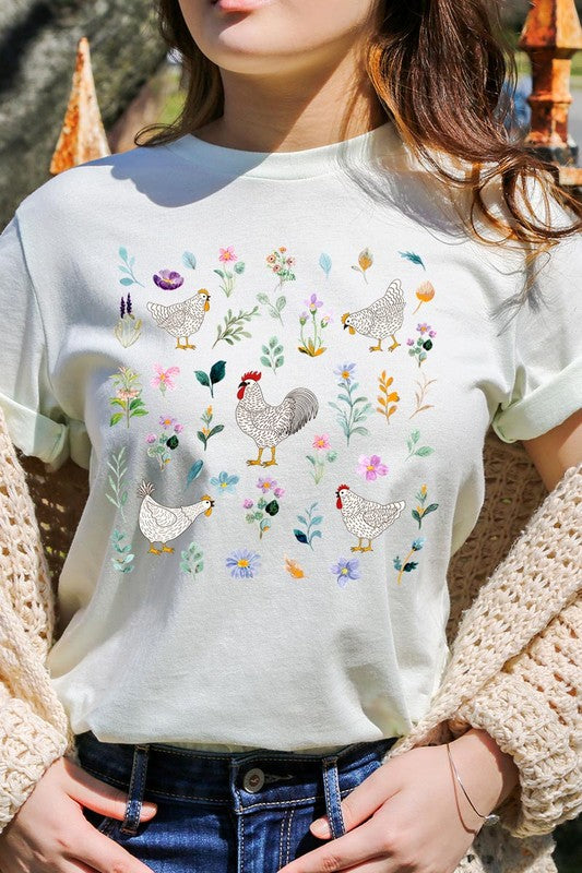 Retro Wildflower Chicken Graphic T Shirts