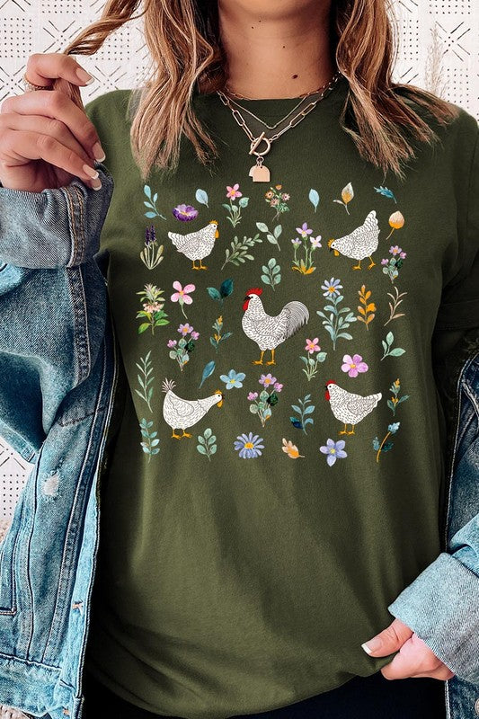 Retro Wildflower Chicken Graphic T Shirts