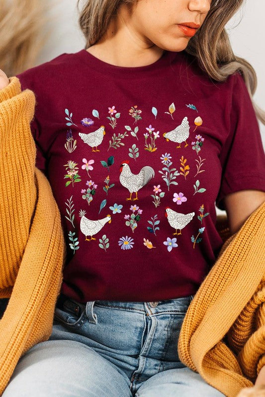 Retro Wildflower Chicken Graphic T Shirts