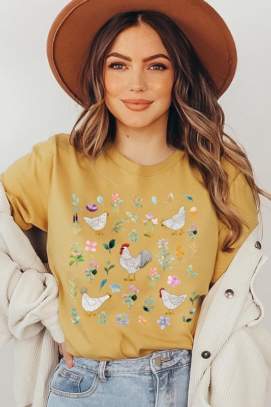 Retro Wildflower Chicken Graphic T Shirts