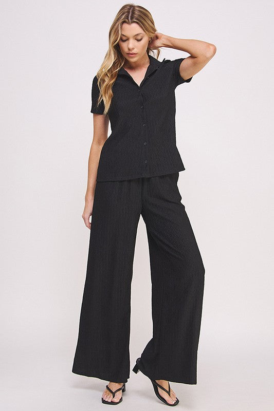 Jade By Jane Textured Short Sleeve Button Down Wide Pant Set