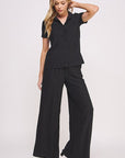 Jade By Jane Textured Short Sleeve Button Down Wide Pant Set