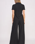 Jade By Jane Textured Short Sleeve Button Down Wide Pant Set