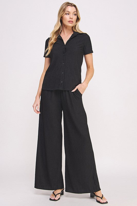 Jade By Jane Textured Short Sleeve Button Down Wide Pant Set