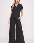 Jade By Jane Textured Short Sleeve Button Down Wide Pant Set