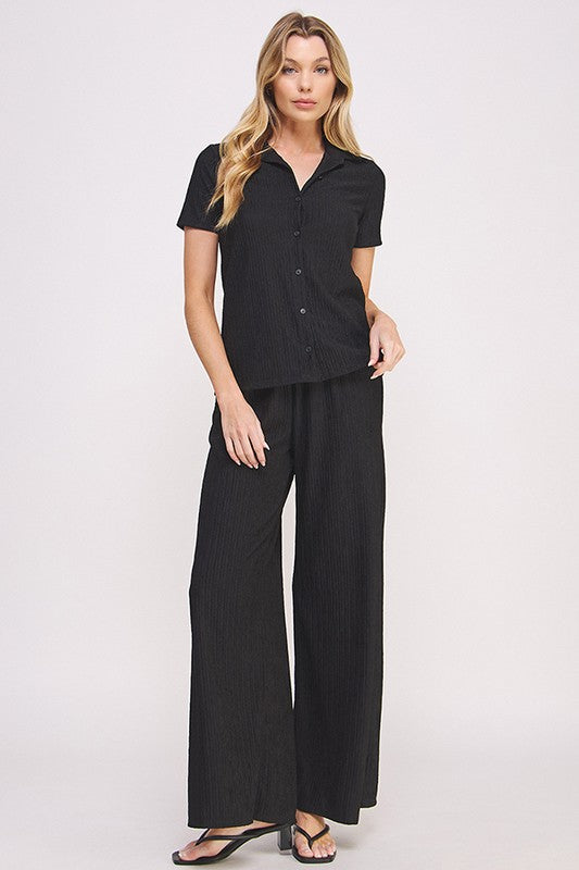 Jade By Jane Textured Short Sleeve Button Down Wide Pant Set