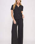 Jade By Jane Textured Short Sleeve Button Down Wide Pant Set