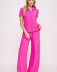 Jade By Jane Textured Short Sleeve Button Down Wide Pant Set