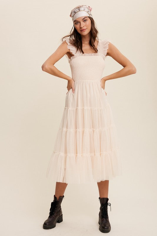 Listicle Smocked Ruffle Tiered Mesh Midi Maxi Dress