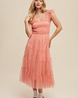 Listicle Smocked Ruffle Tiered Mesh Midi Maxi Dress