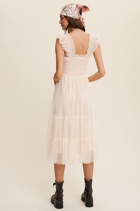 Listicle Smocked Ruffle Tiered Mesh Midi Maxi Dress