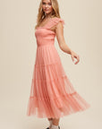 Listicle Smocked Ruffle Tiered Mesh Midi Maxi Dress